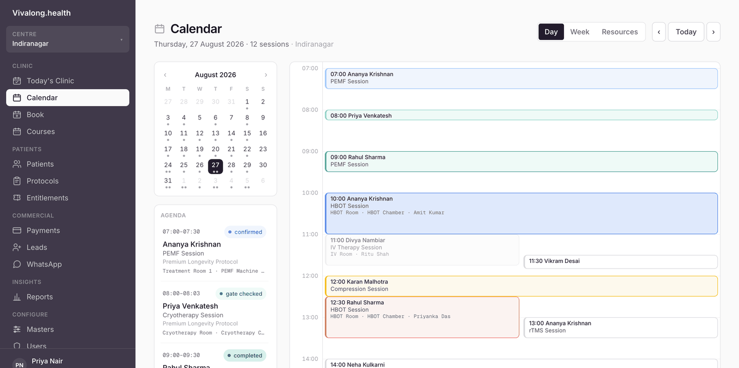 Vivalong resource-aware calendar showing each session's room, machine, technician and status