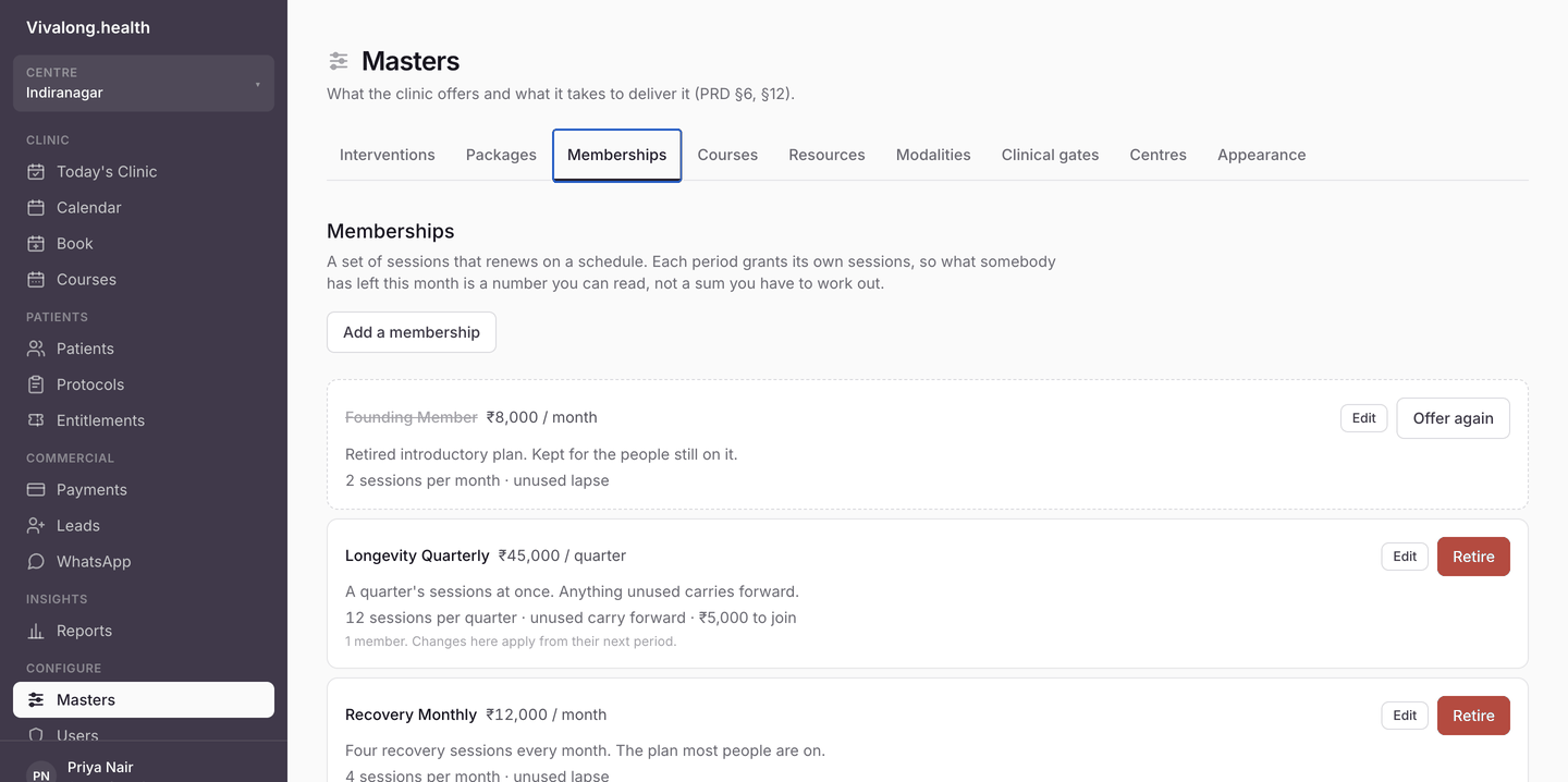 Vivalong memberships — recurring plans with carry-forward rules and member counts